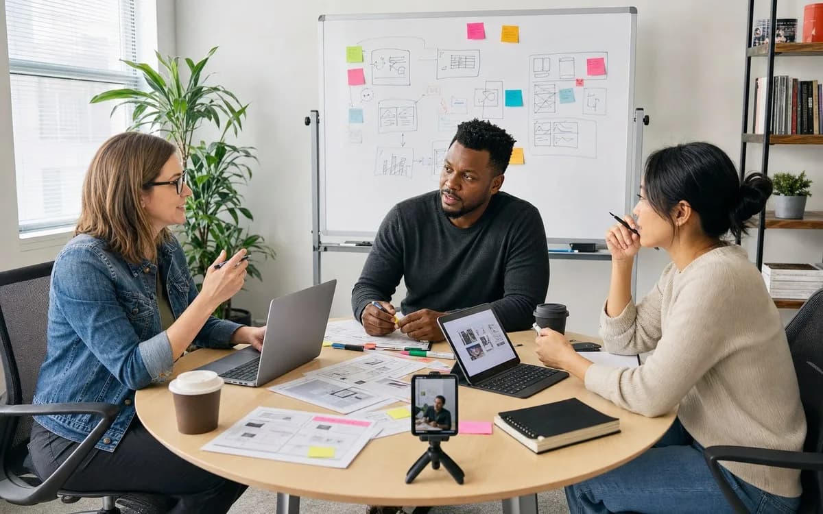 Lean brand social team reviewing VidMage assets, variants, and delivery output