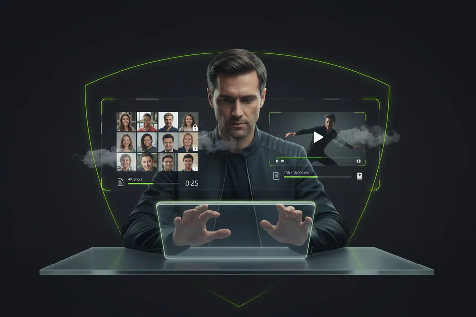 Adult creator managing portrait and video files inside a protected creative workspace, with a subtle lock, fading cloud particles, and clearly private local media handling.