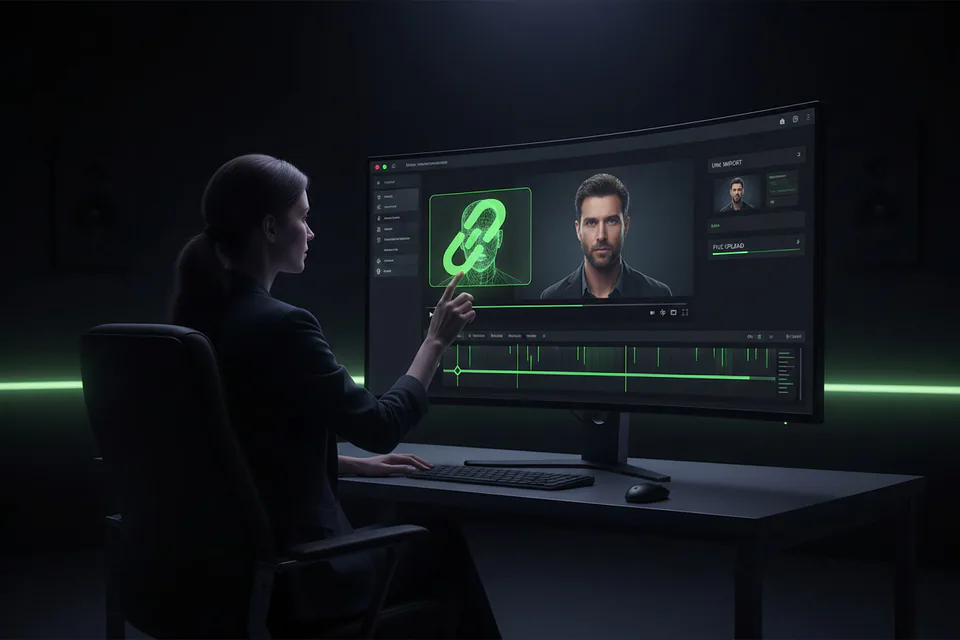 Video editor importing a substantial saved face-swap clip into a browser workspace, with a long visual timeline and a high-quality finished portrait video on the main monitor.