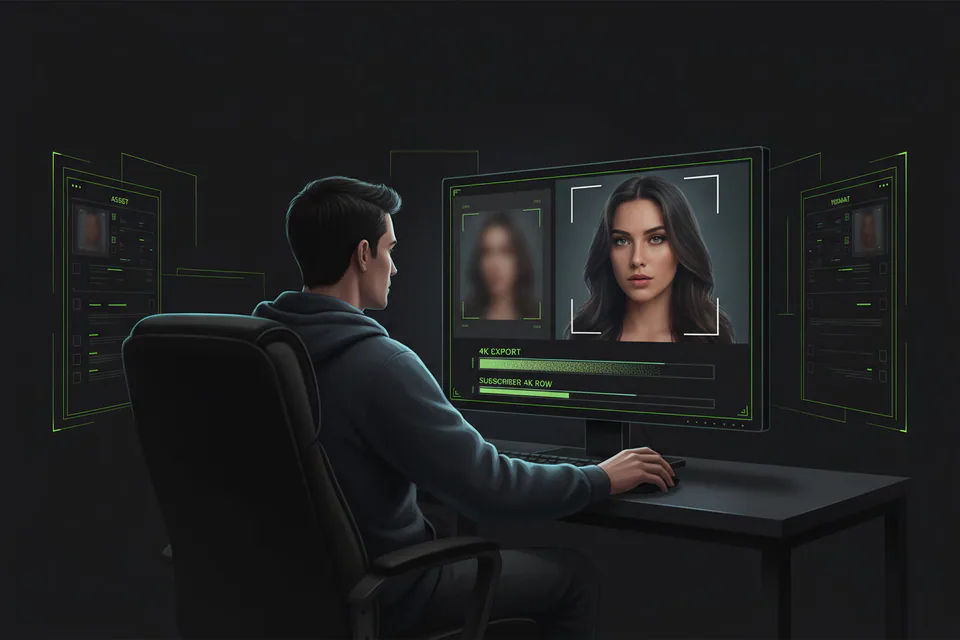 Video editor reviewing an exceptionally sharp face-swap portrait on a large studio display, with a softer low-detail preview beside a crisp cinematic final frame.
