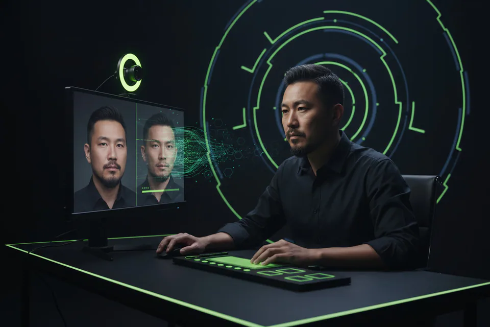 Adult creator in a live video-call setup, camera and monitor visible, with a natural face-transformation preview and a crisp real-time production atmosphere.