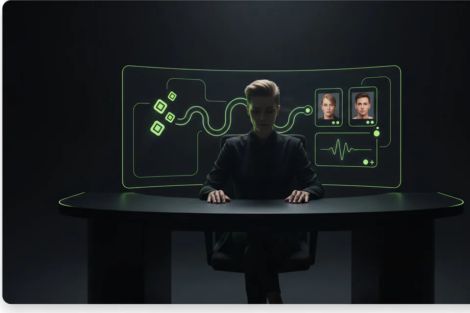 Adult creator planning a photo-and-video face-swap project at a workstation, with a small set of clean glowing token shapes flowing efficiently into several finished media thumbnails.