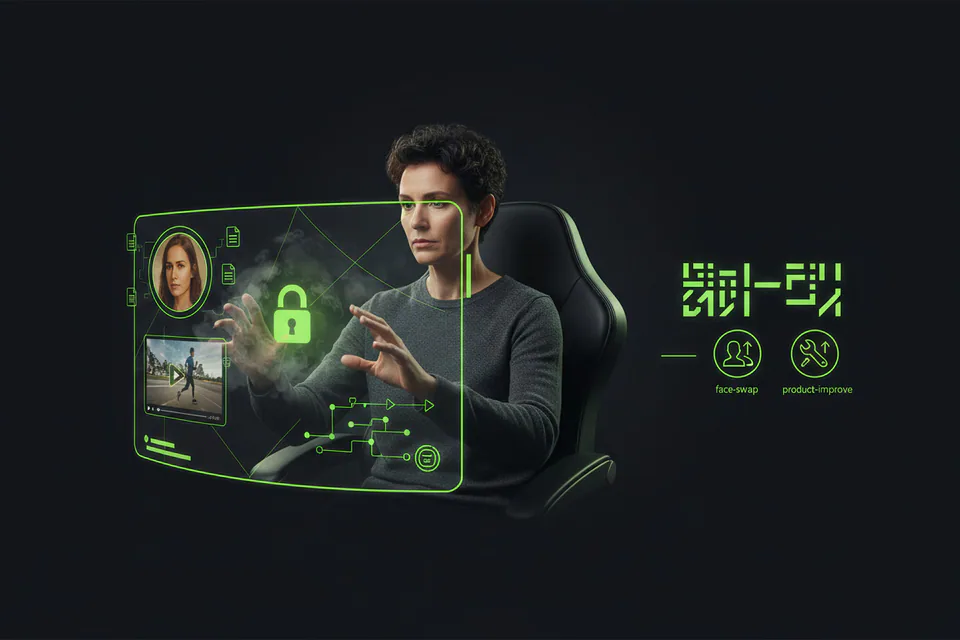 Adult creator managing portrait and video files inside a protected creative workspace, with a subtle lock, fading cloud particles, and clearly private local media handling.