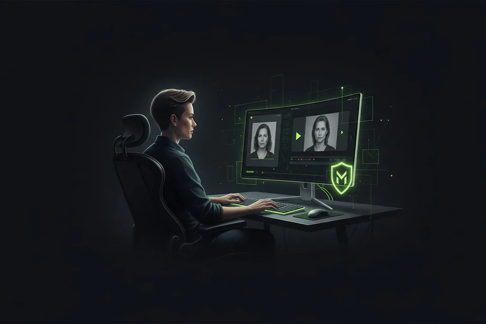 Adult creator using a sleek unbranded silver desktop computer in a private studio, with source portrait and finished face-swap video represented on the screen and a subtle local-processing shield motif.