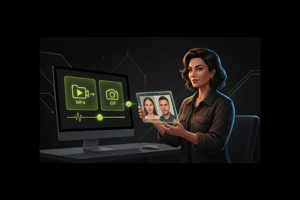 Confident adult creator comparing a recorded face-swap result and a private desktop workflow in a modern creative studio, visually communicating a simpler alternative workflow without showing either product's logo or interface for the Magic Hour alternative page.