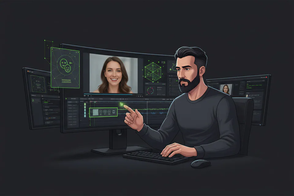 Video editor importing a substantial saved face-swap clip into a browser workspace, with a long visual timeline and a high-quality finished portrait video on the main monitor.