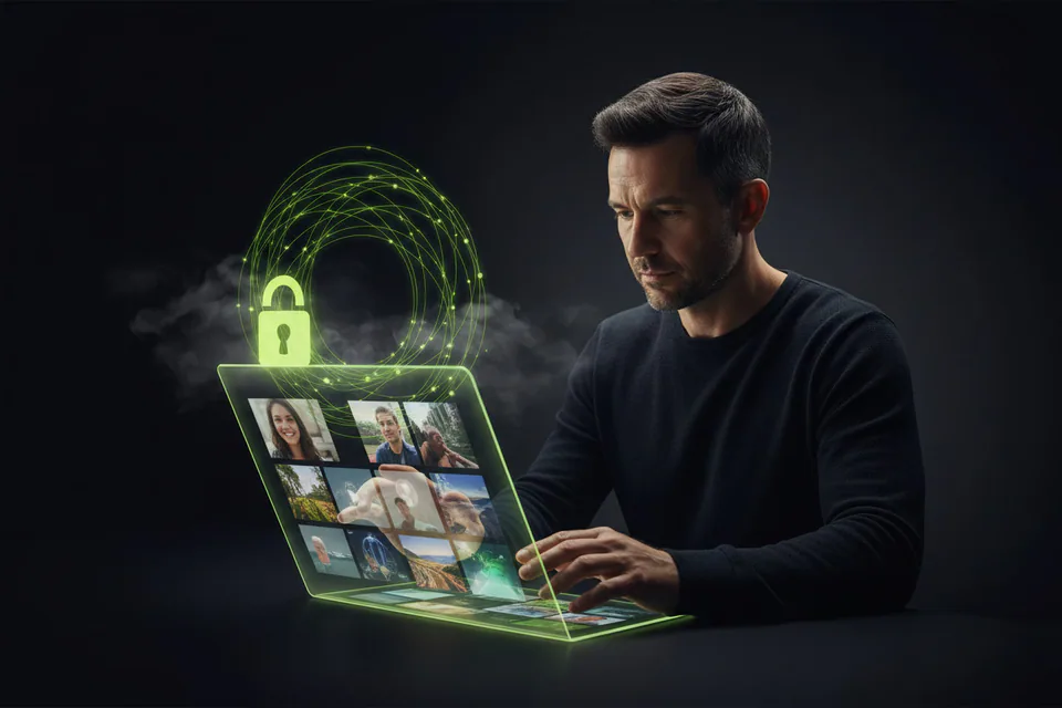 Adult creator managing portrait and video files inside a protected creative workspace, with a subtle lock, fading cloud particles, and clearly private local media handling.