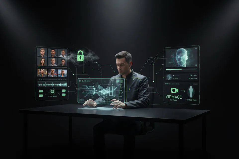 Adult creator managing portrait and video files inside a protected creative workspace, with a subtle lock, fading cloud particles, and clearly private local media handling.