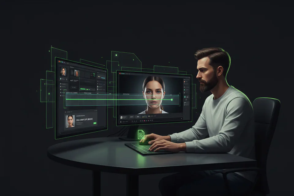 Video editor importing a substantial saved face-swap clip into a browser workspace, with a long visual timeline and a high-quality finished portrait video on the main monitor.