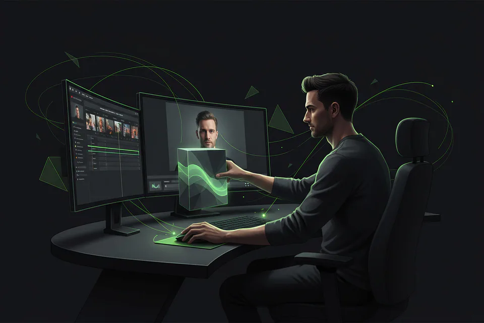 Video editor importing a substantial saved face-swap clip into a browser workspace, with a long visual timeline and a high-quality finished portrait video on the main monitor.