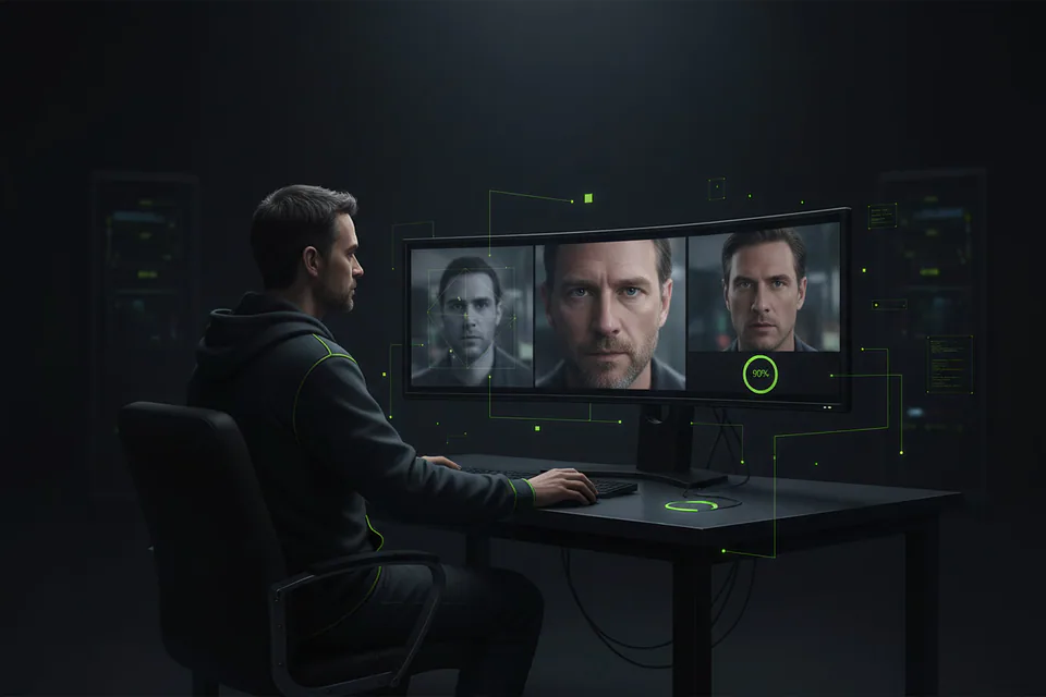 Video editor reviewing an exceptionally sharp face-swap portrait on a large studio display, with a softer low-detail preview beside a crisp cinematic final frame.