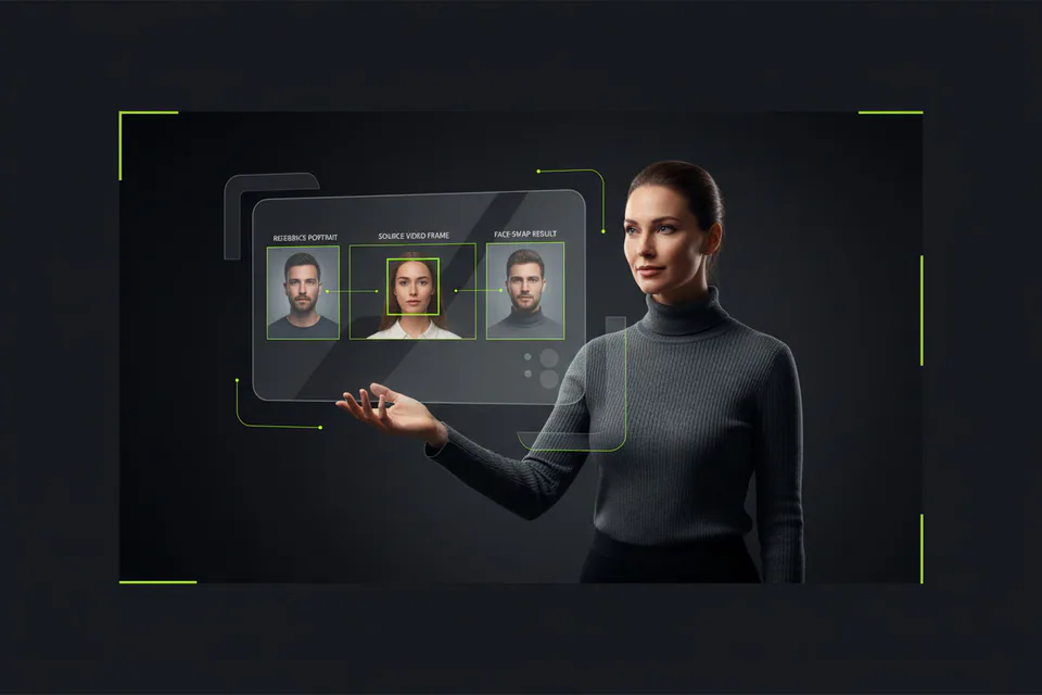Confident adult creator comparing a reference portrait, a source video frame, and a polished face-swap result in a modern creative studio, visually communicating a simpler alternative workflow without showing either product's logo or interface for the PixNova alternative page.