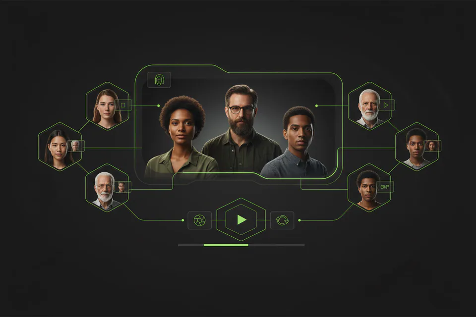 Diverse group of original adults framed in a polished video scene, paired with several small reference portraits to suggest accurate multi-person face replacement.