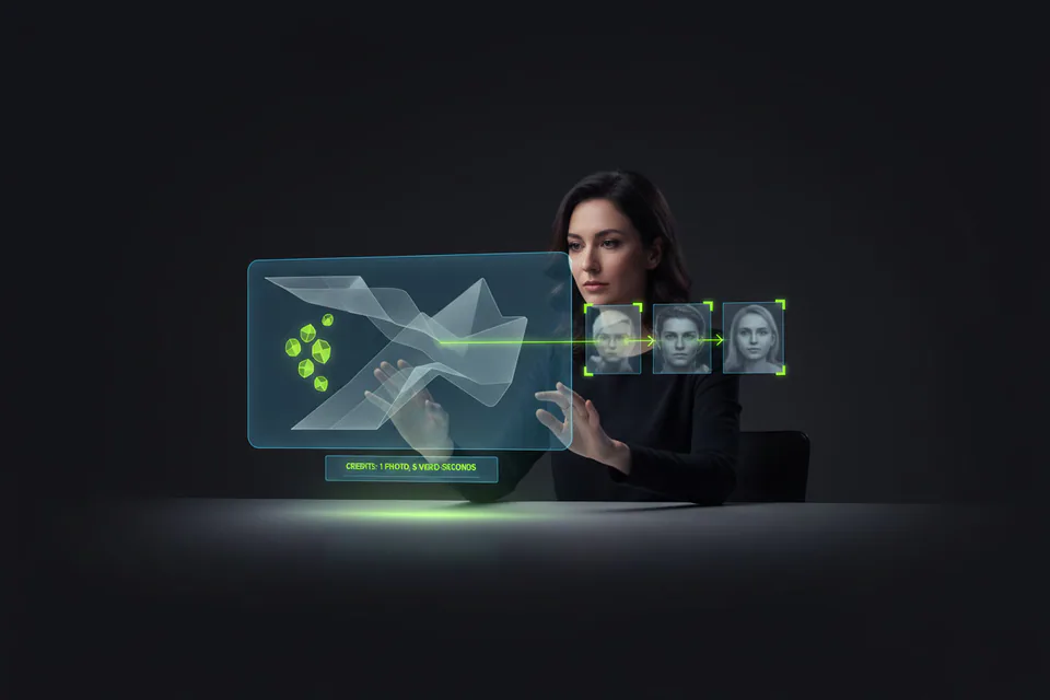 Adult creator planning a photo-and-video face-swap project at a workstation, with a small set of clean glowing token shapes flowing efficiently into several finished media thumbnails.