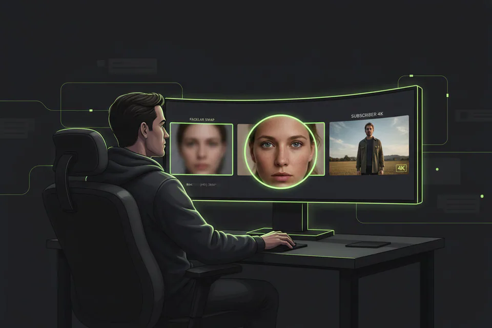 Video editor reviewing an exceptionally sharp face-swap portrait on a large studio display, with a softer low-detail preview beside a crisp cinematic final frame.