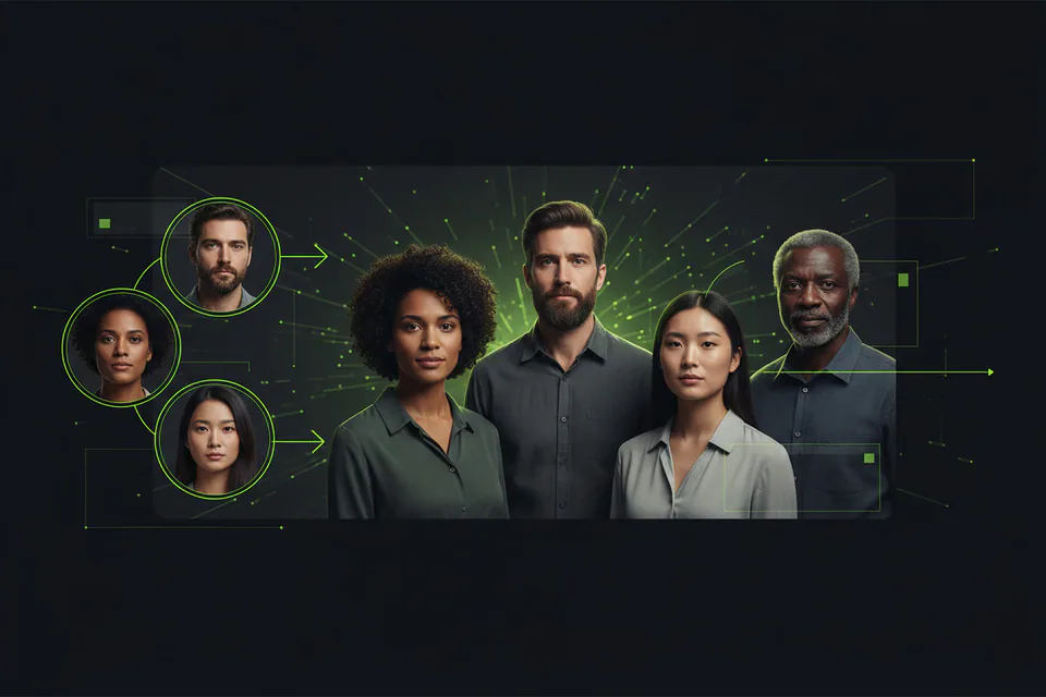 Diverse group of original adults framed in a polished video scene, paired with several small reference portraits to suggest accurate multi-person face replacement.
