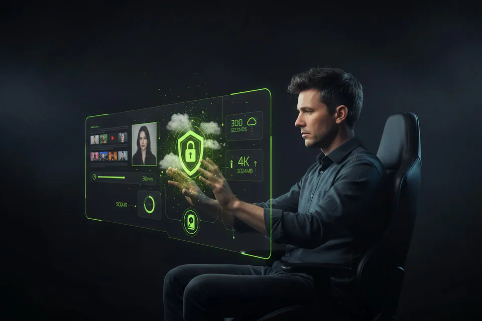 Adult creator managing portrait and video files inside a protected creative workspace, with a subtle lock, fading cloud particles, and clearly private local media handling.