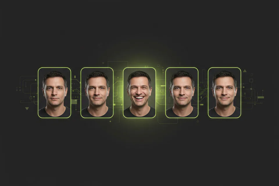 Playful sequence of repeated portrait frames arranged as a smooth looping animation, showing one original adult expression changing naturally across the frames.