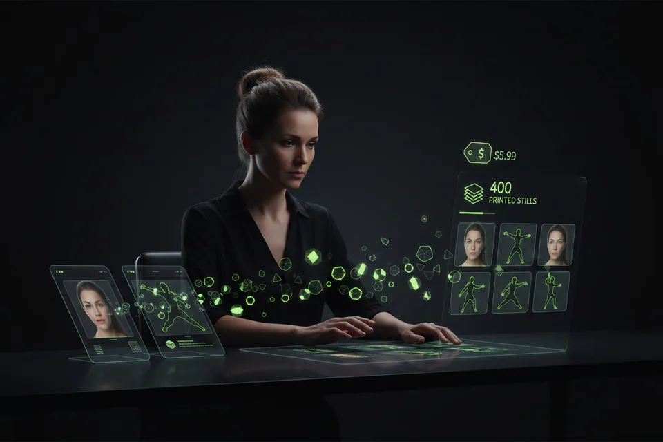 Adult creator planning a photo-and-video face-swap project at a workstation, with a small set of clean glowing token shapes flowing efficiently into several finished media thumbnails.