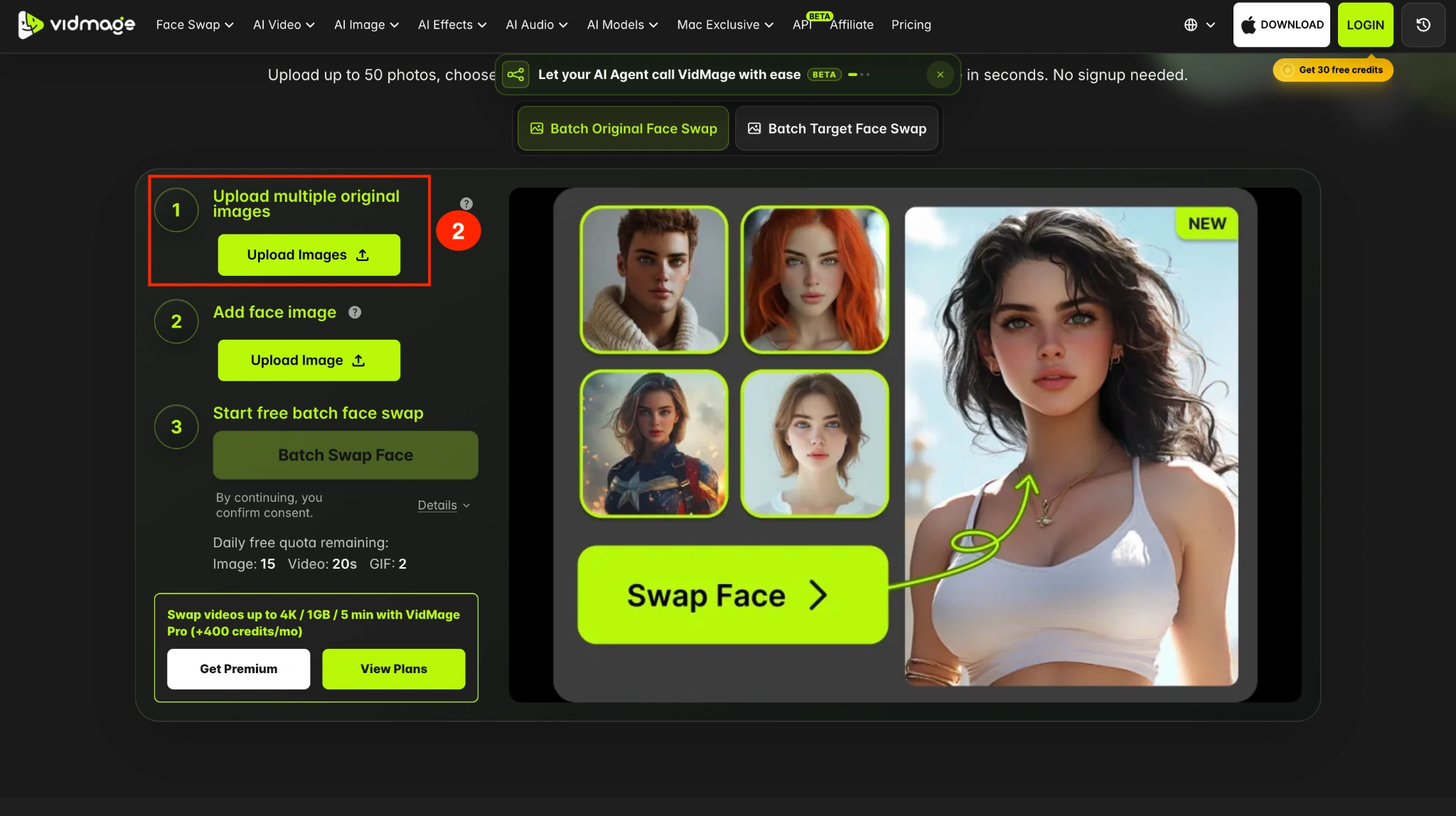 VidMage batch original face swap upload multiple photos