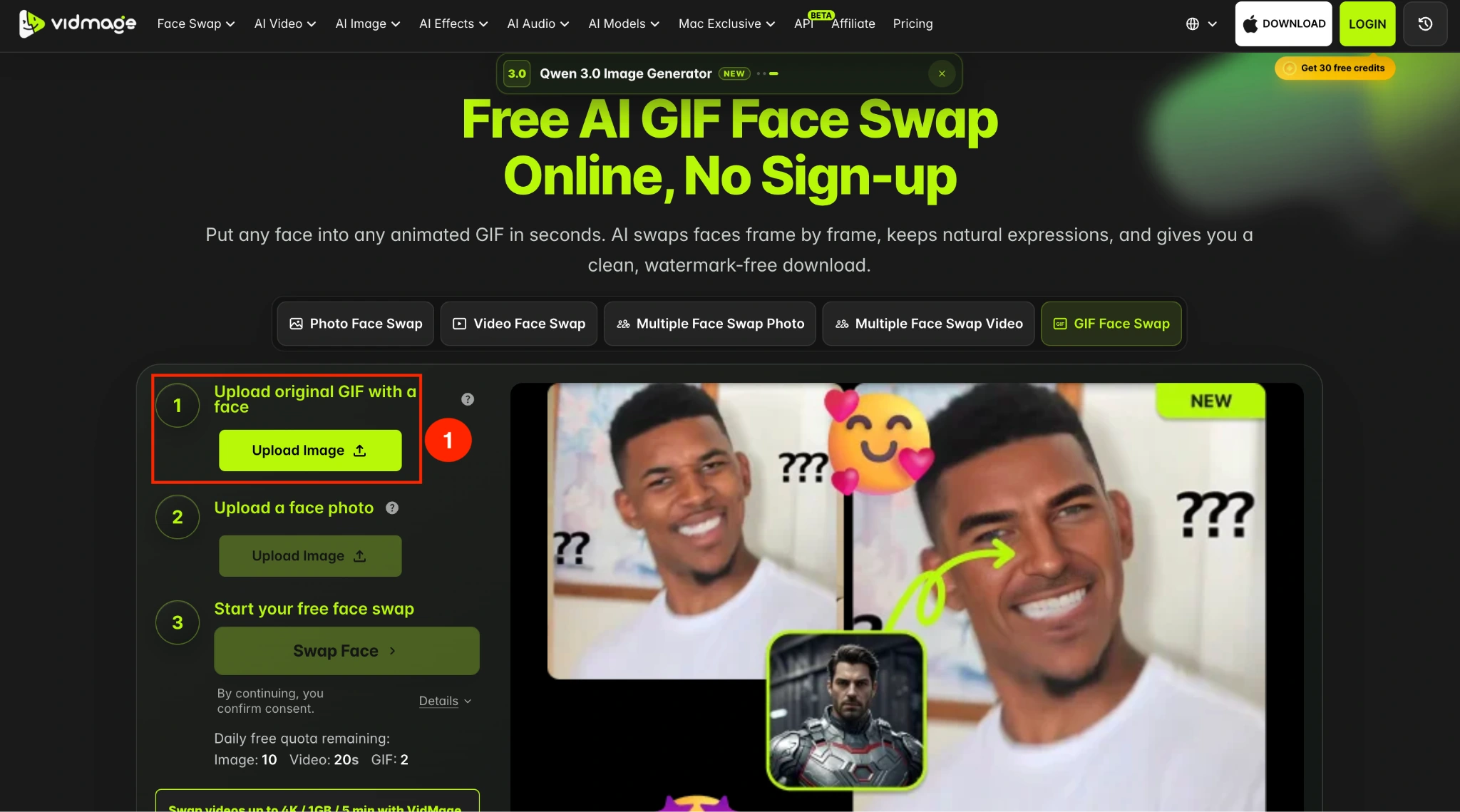 VidMage GIF face swap upload GIF