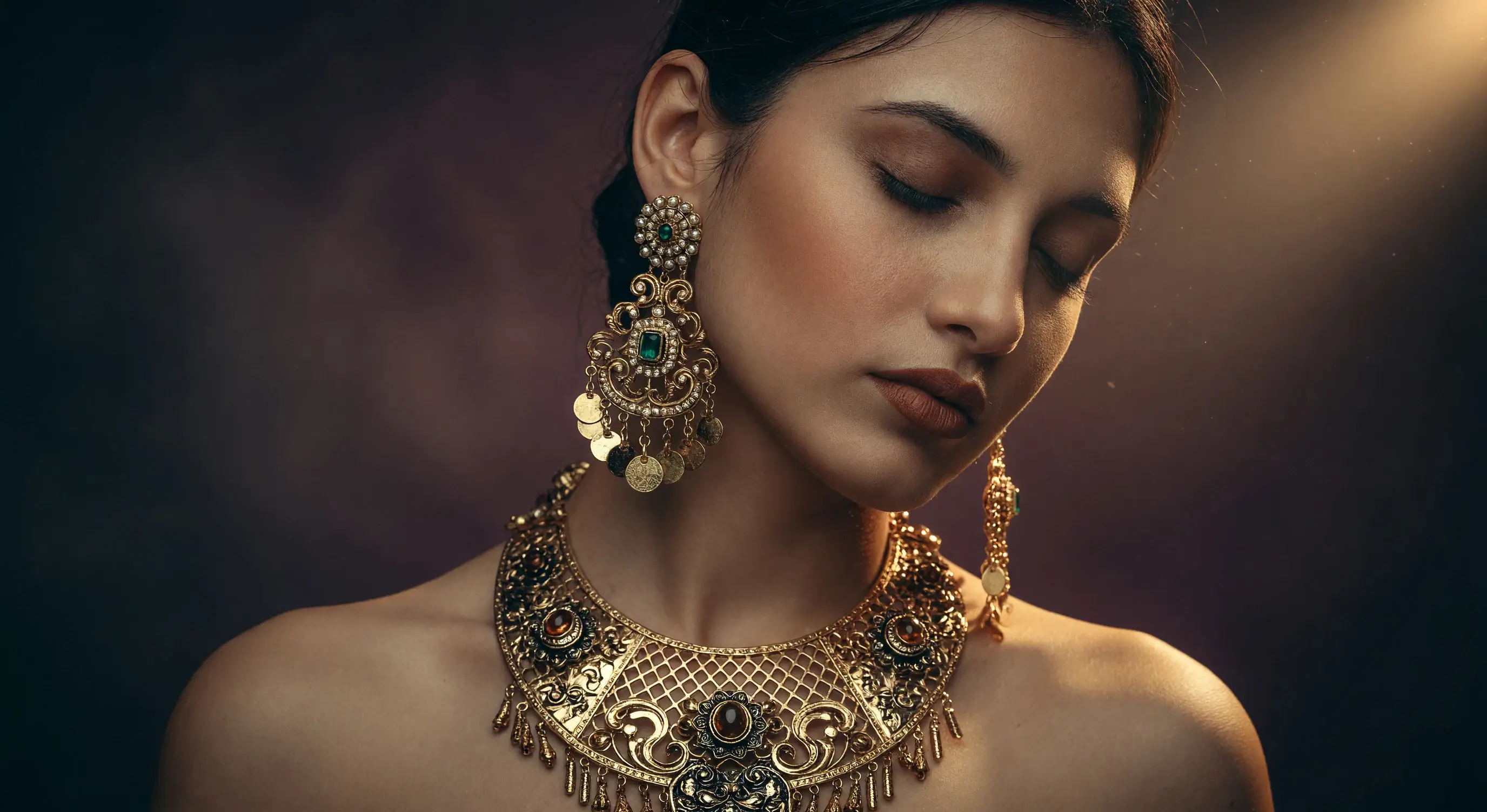 Realistic portrait concept of a woman with closed eyes and ornate gold jewelry