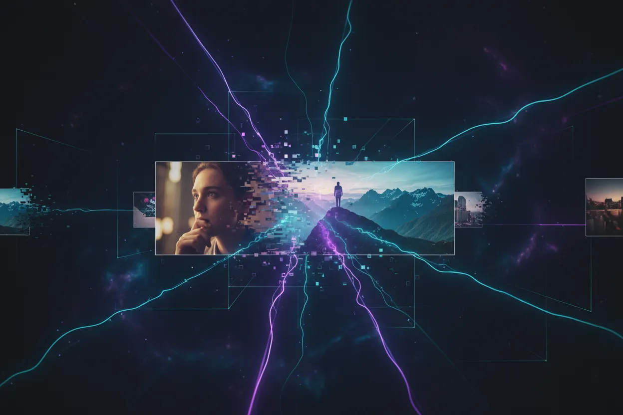 Portrait and landscape images connected in a digital composition
