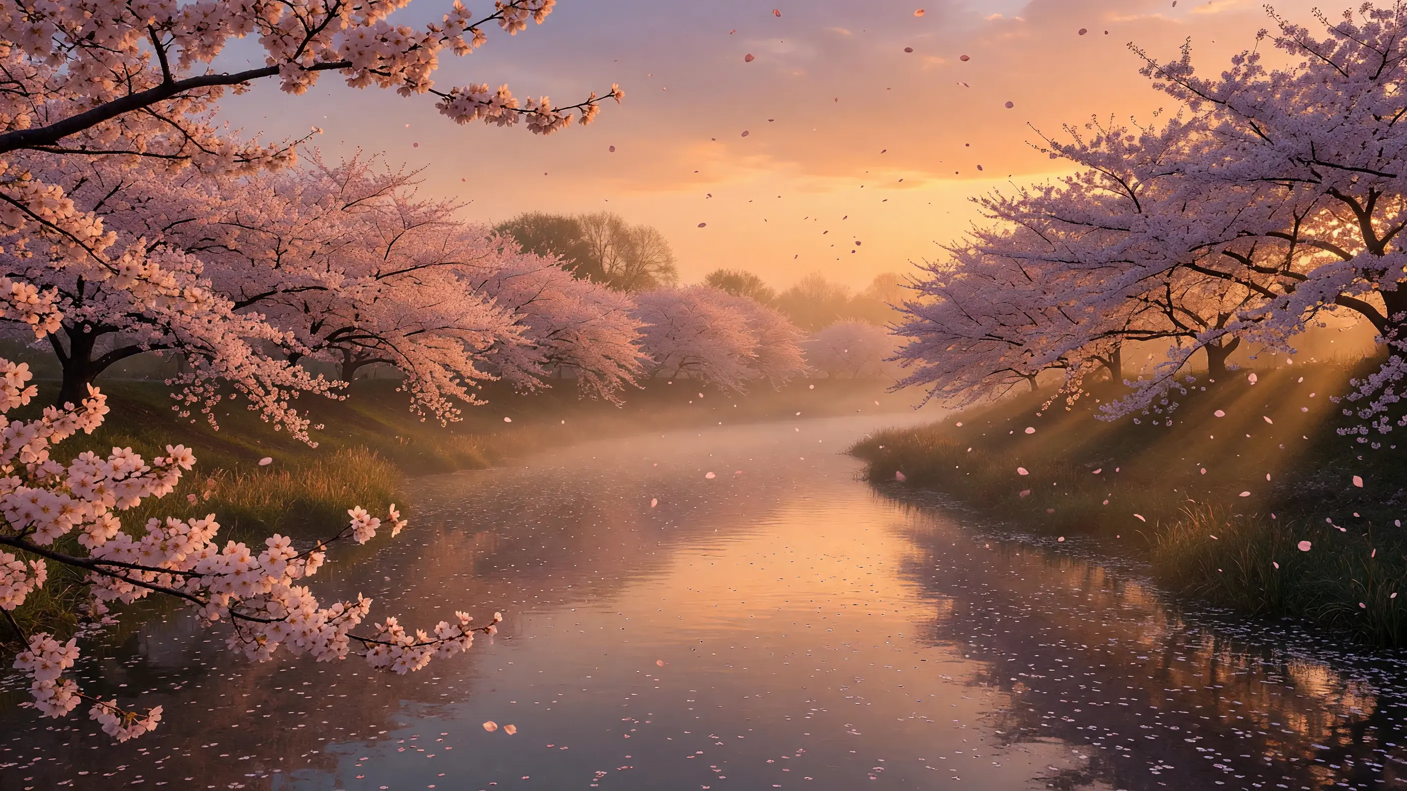 Grok Imagine text-to-image preview: cherry blossom river landscape at golden sunset