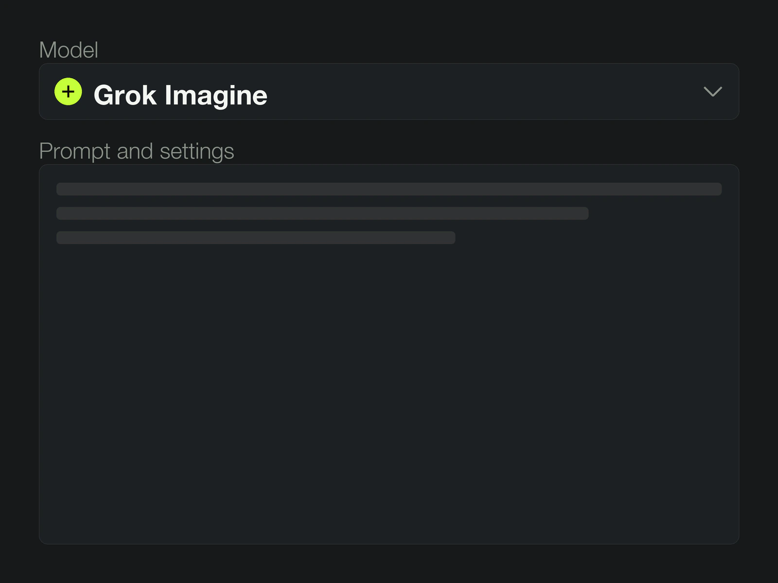VidMage tool surface for Grok Imagine: Model selector showing Grok Imagine above the Prompt and settings panel with three skeleton lines