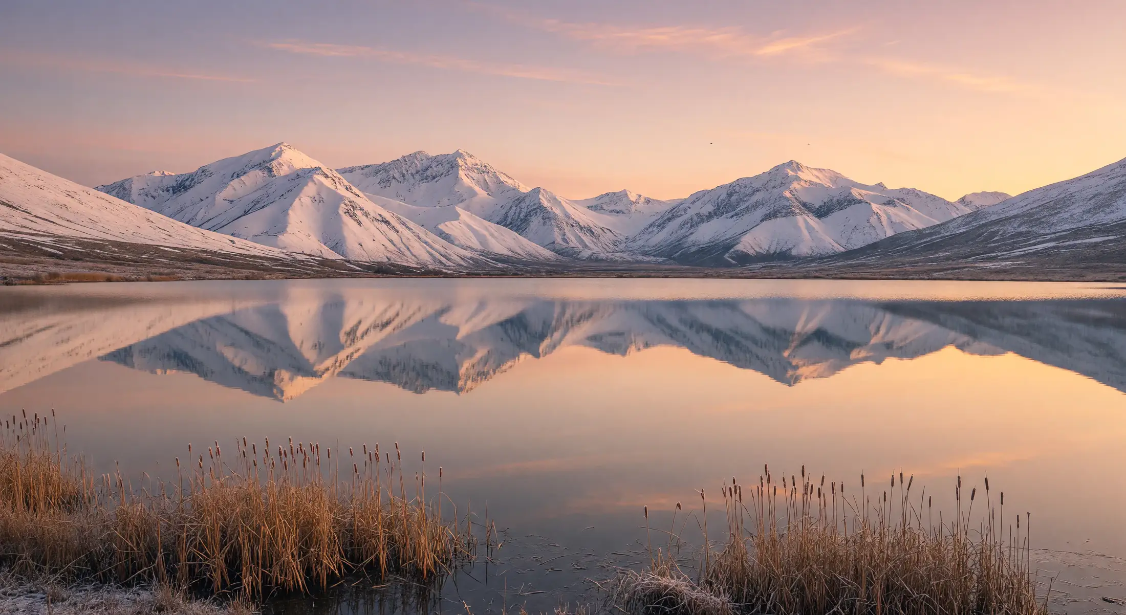 Photoreal still: snow peaks reflected in a glassy alpine lake at dawn with reed grass in the foreground