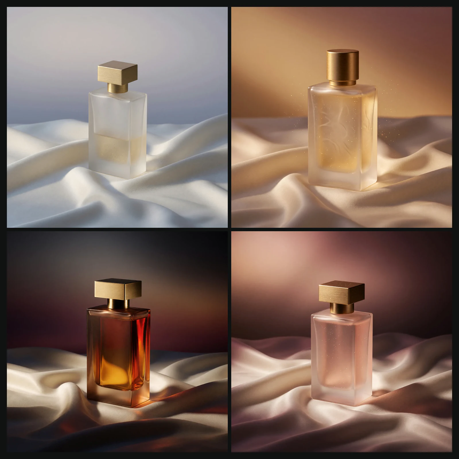 Grok Imagine fragrance campaign batch: same product hero rendered in four mood and lighting variations