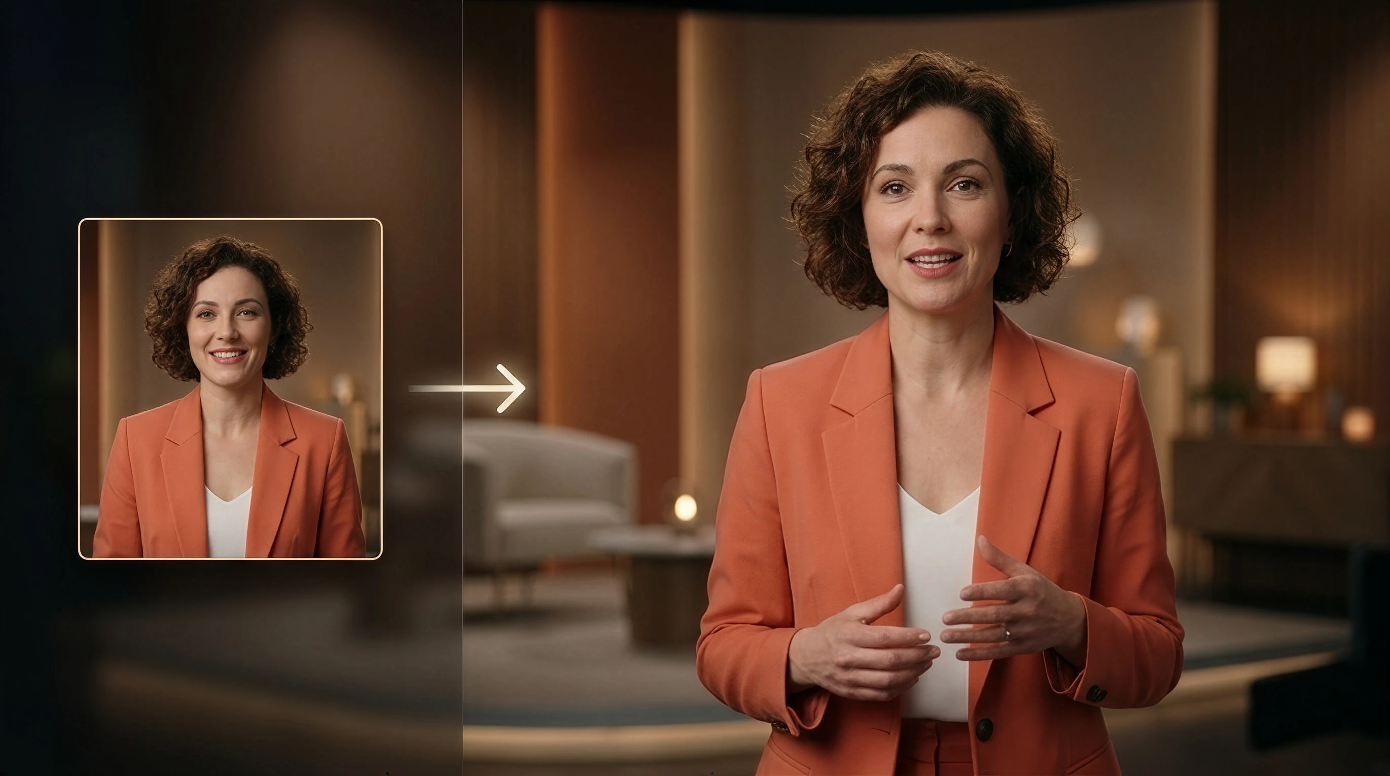 Reference portrait of a creator in a coral blazer beside the same stable outfit in motion for Hailuo subject continuity