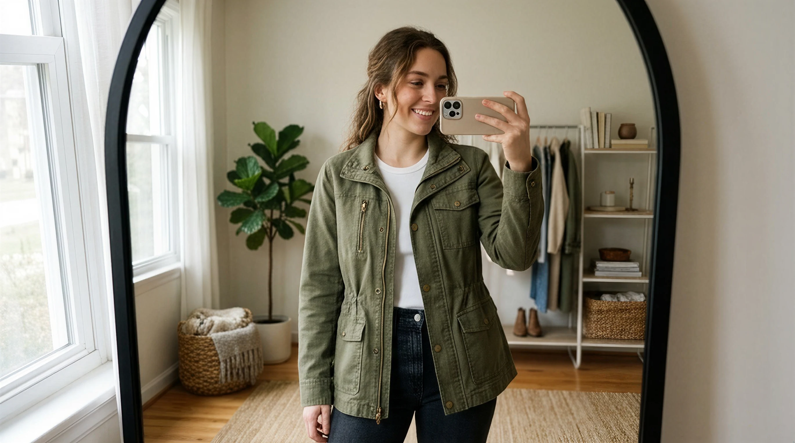 Creator modeling an olive utility jacket in a UGC mirror selfie for a Hailuo product ad brief