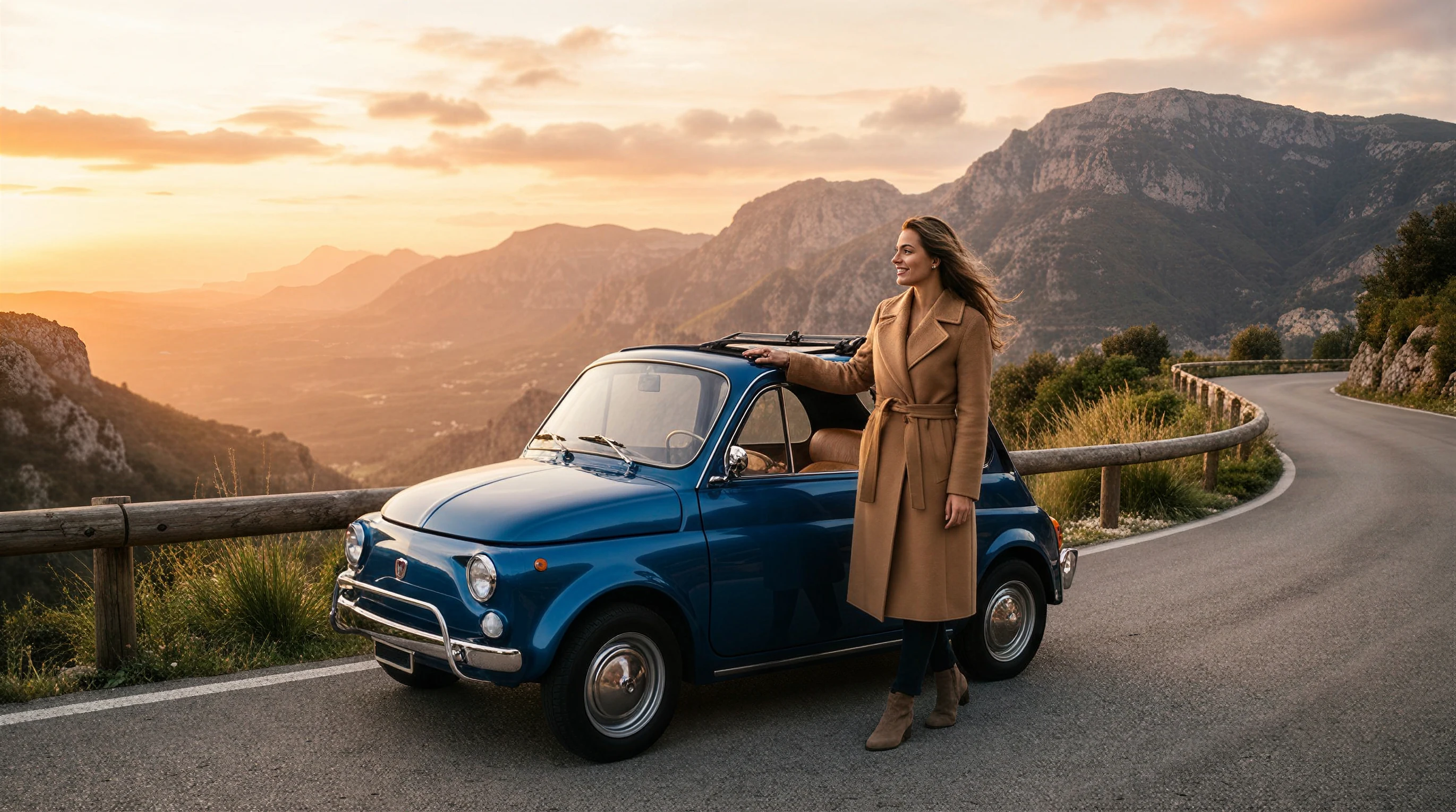 Stylish woman beside a blue retro compact car at a mountain overlook with an orbital camera move for Hailuo director-style control