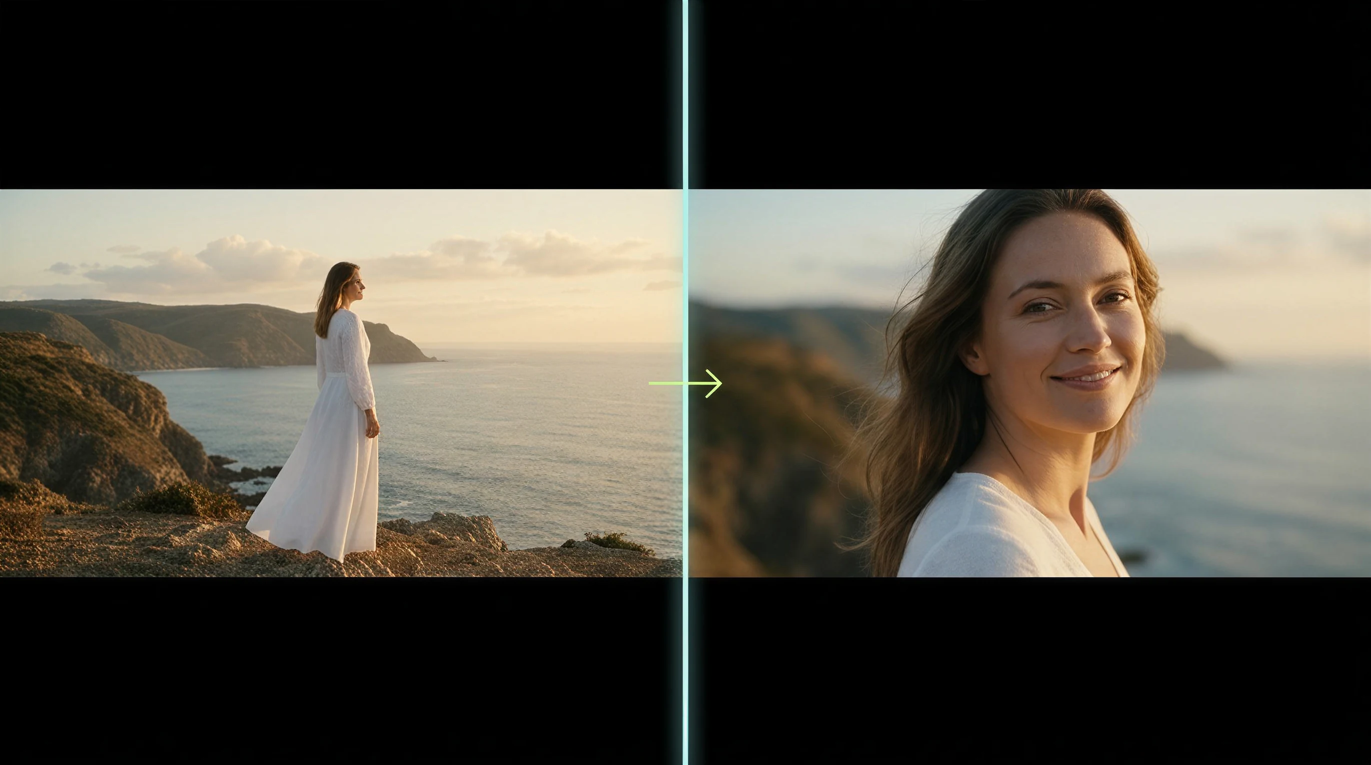 Hailuo start and end frame still: wide coastal start frame beside a closer end frame of the same woman smiling softly in a white dress