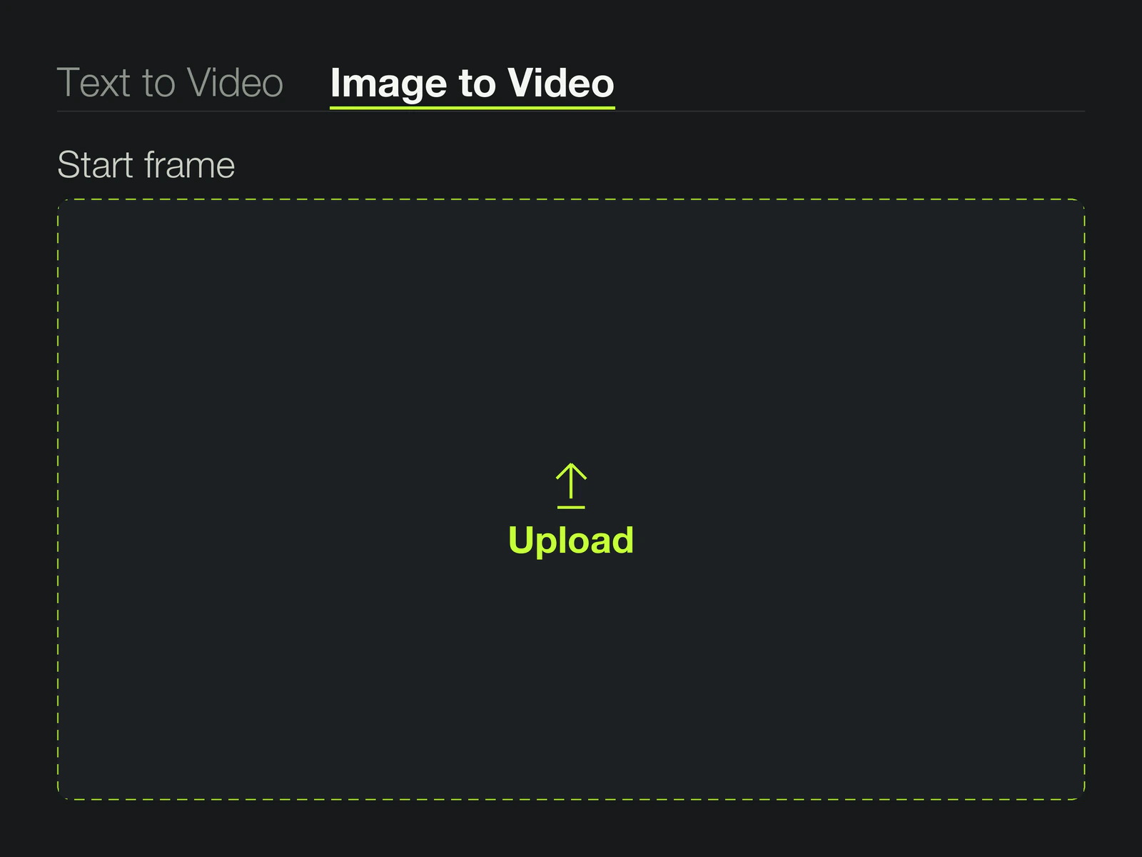VidMage tool surface for Hailuo: Text to Video and Image to Video tabs with the Image to Video tab active above a dashed Start frame upload area