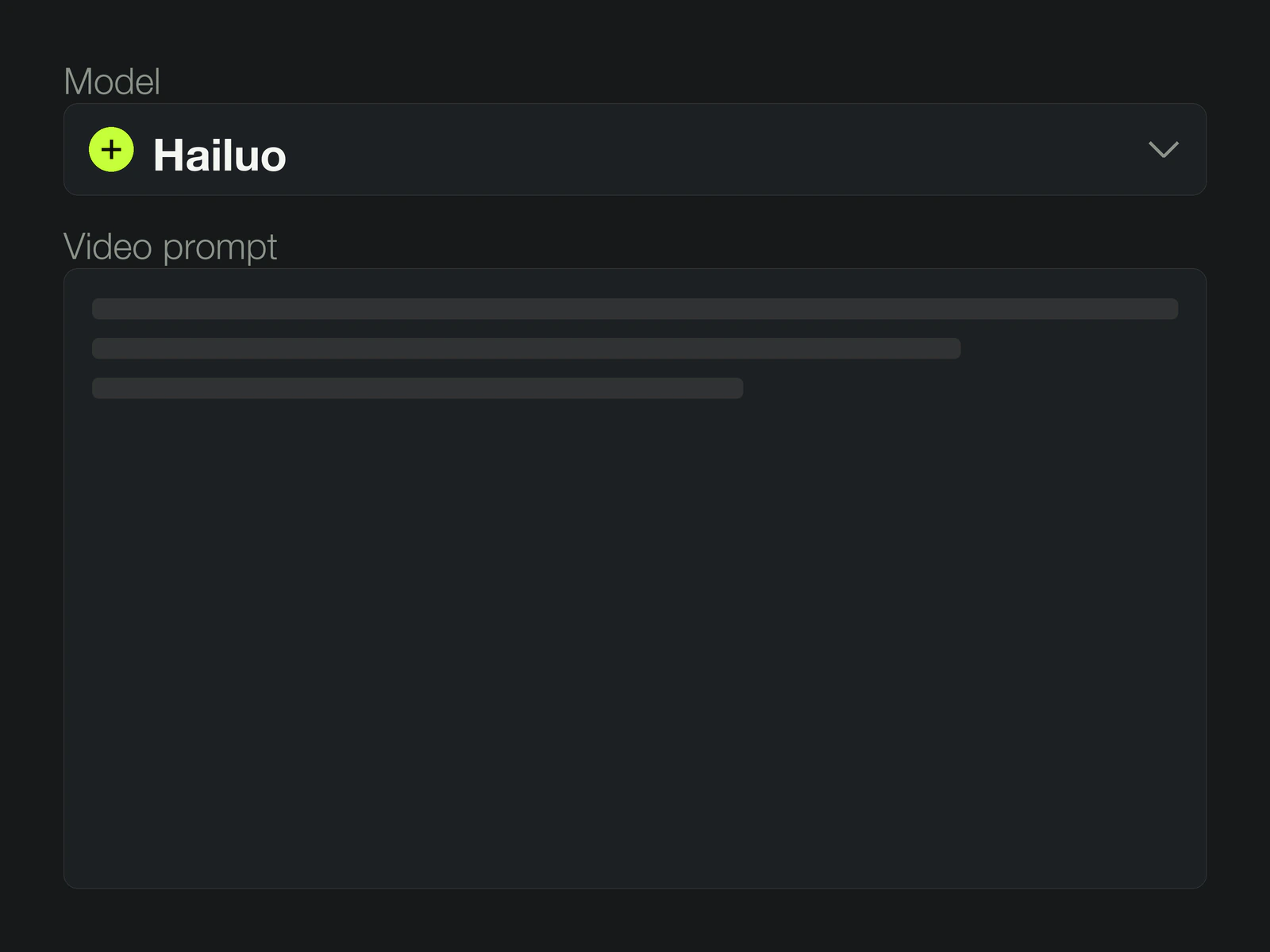VidMage tool surface for Hailuo: Model selector showing Hailuo above the Video prompt panel with three skeleton lines