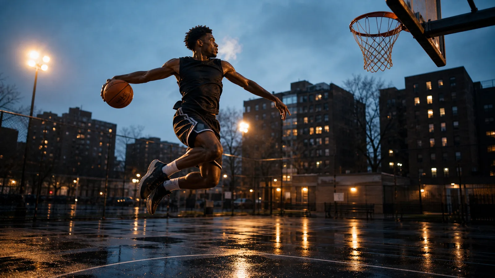 Basketball player rising for a dunk in a bright indoor court