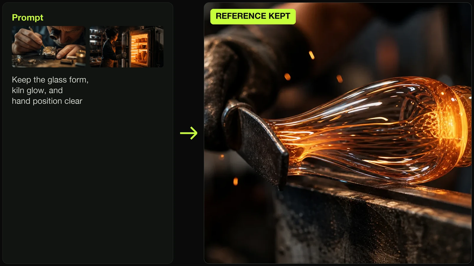 Reference anchoring composite — watchmaker and ceramic kiln reference frames feed a molten-glass result with the reference look kept
