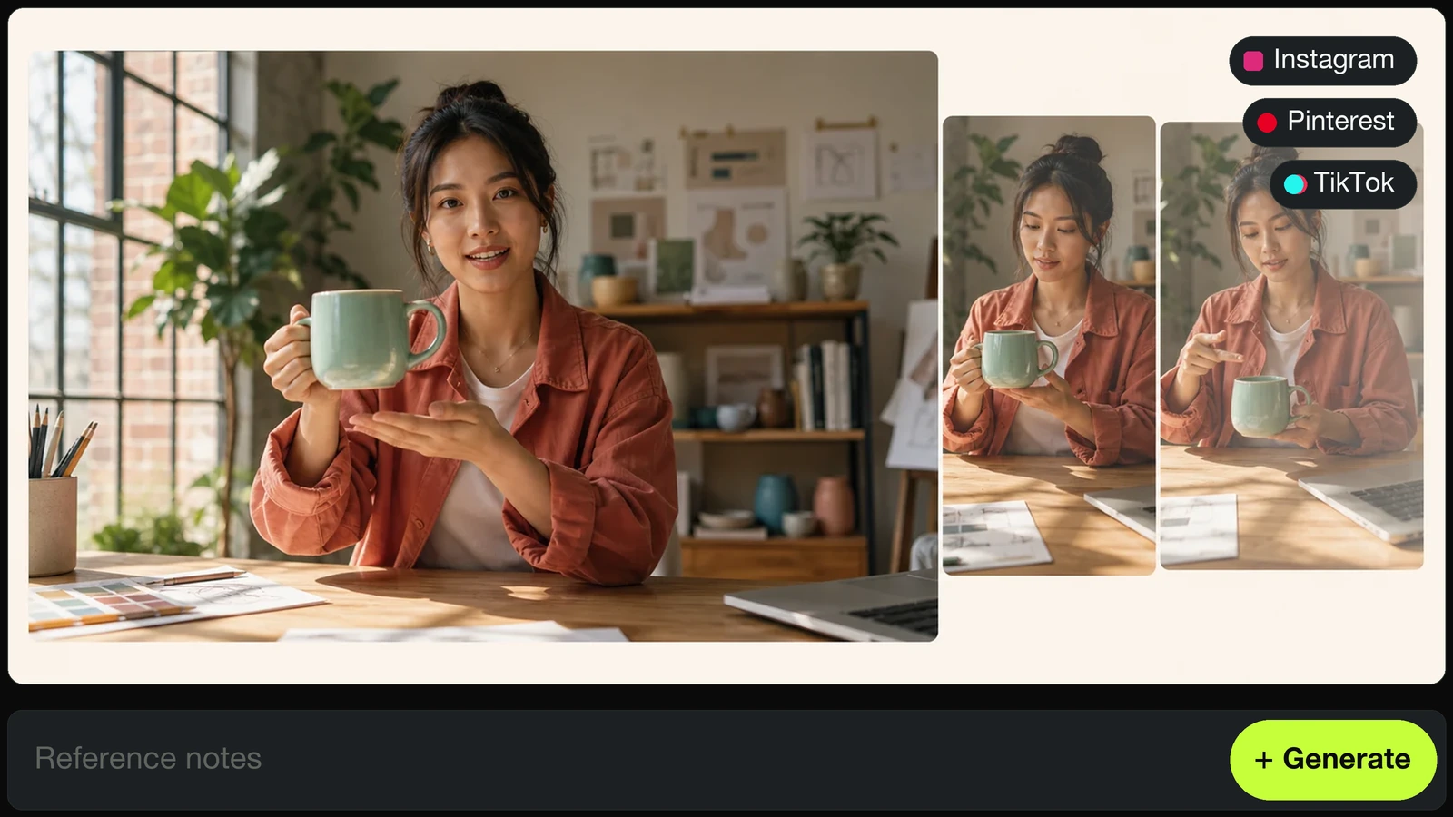 Subject consistency composite — same studio host with the green ceramic mug rendered across Instagram, Pinterest, and TikTok crops
