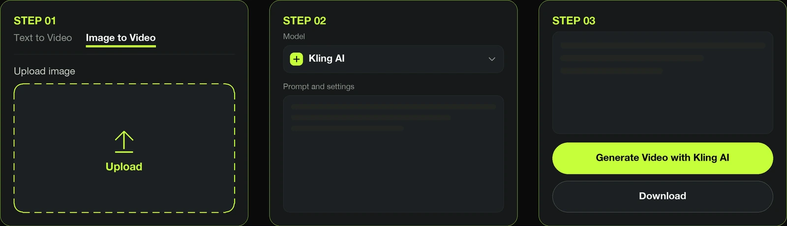 Three-step Kling AI Video Generator storyboard inside VidMage — Step 01 picks Text to Video or Image to Video with a dashed Upload area, Step 02 selects the Kling AI model above a prompt and settings textarea skeleton, Step 03 shows the lime Generate Video with Kling AI button above a Download button