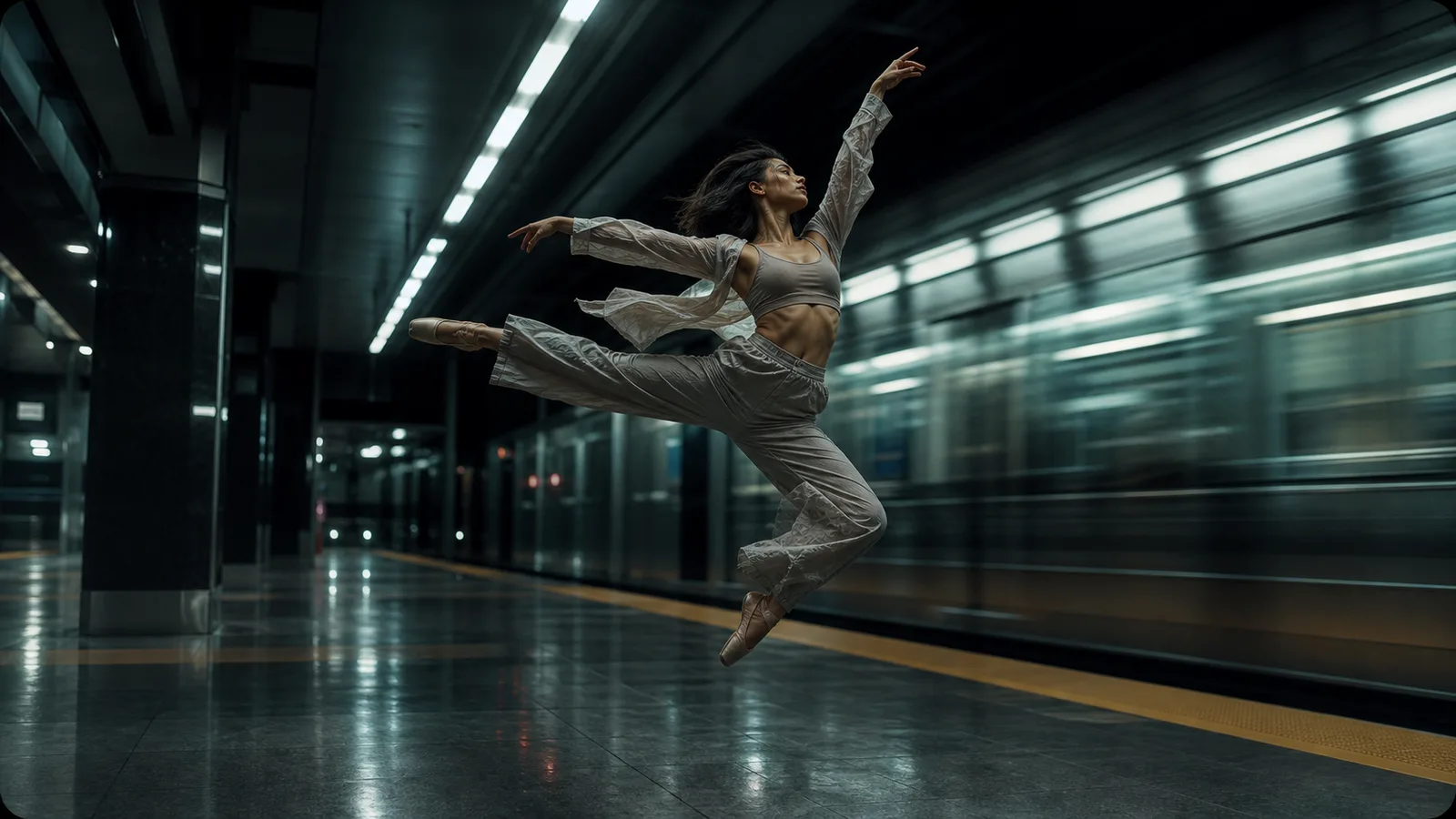 Dancer moving through a lit subway platform for music-video performance direction