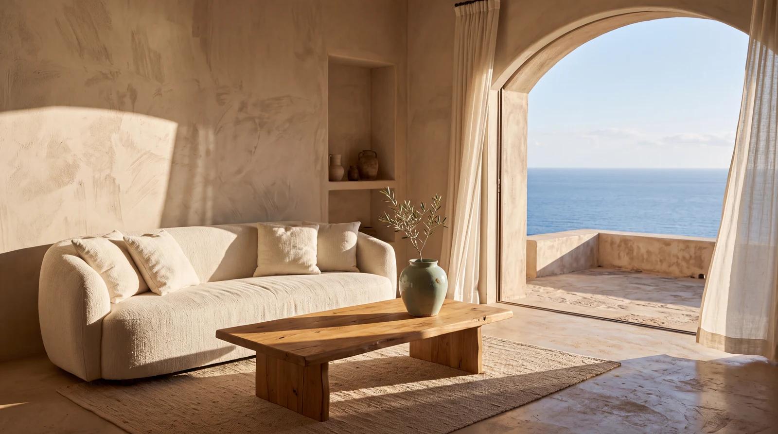 Sunlit coastal living room with a cream sofa and a sea view