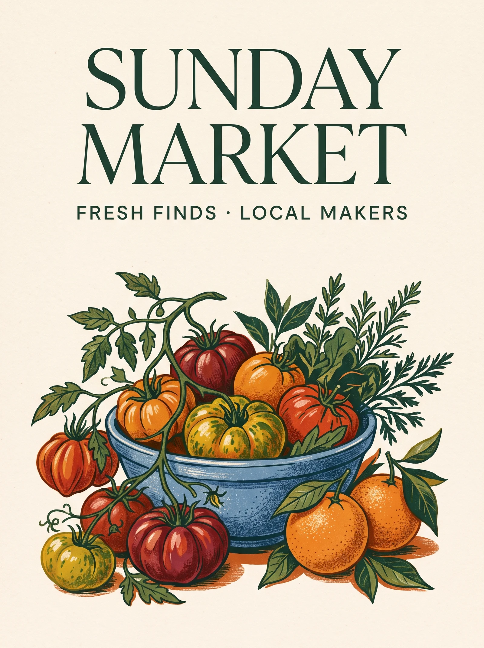 Cream farmers market poster with produce illustrations and the headline SUNDAY MARKET