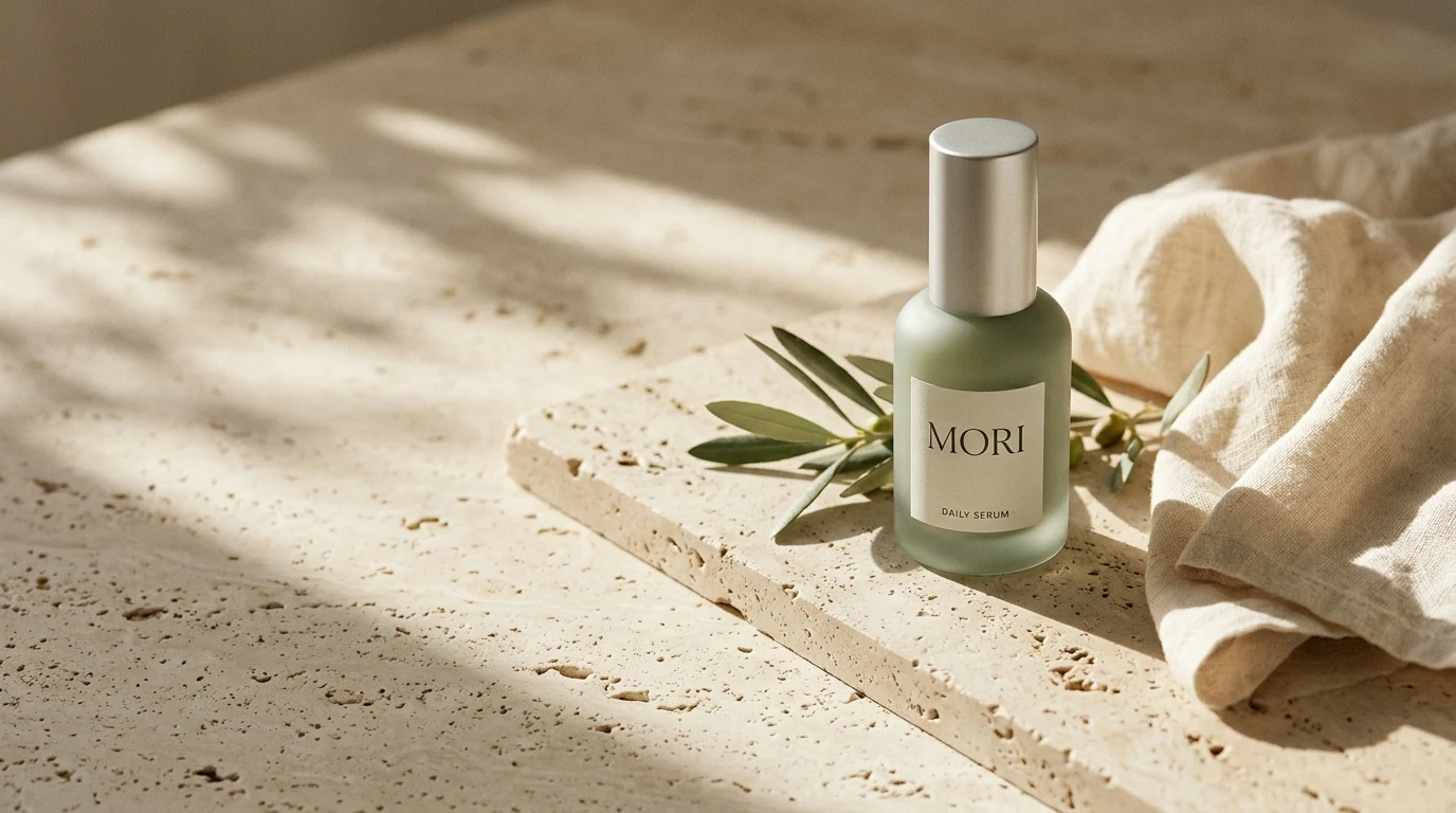 Sage-green MORI serum bottle on travertine in warm morning sunlight