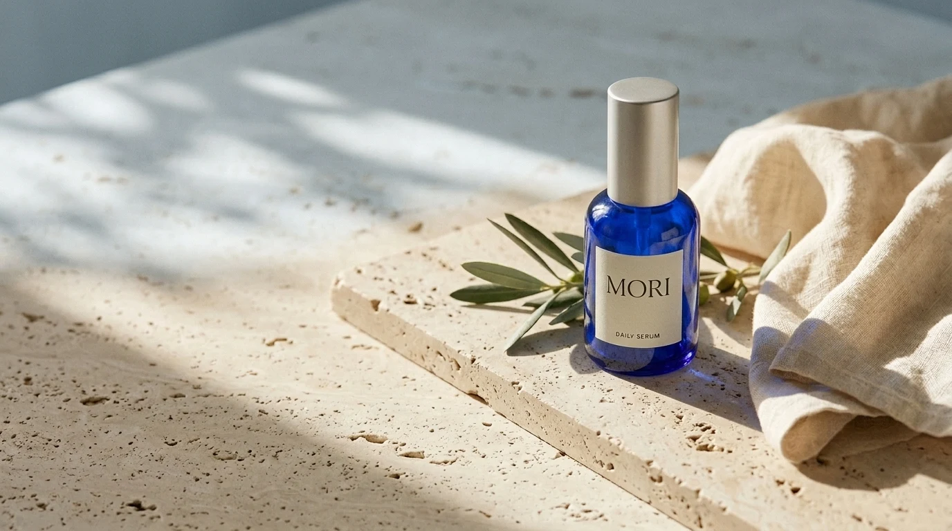 Reference-led edit of the MORI serum bottle in cobalt blue