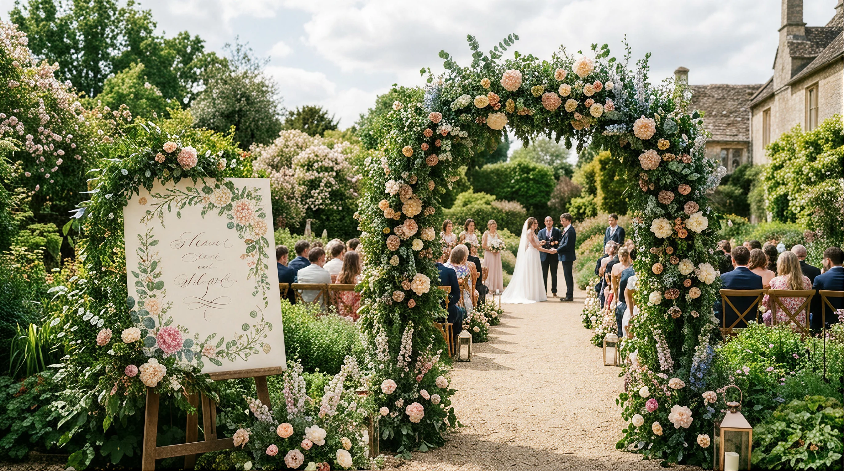 Botanical invite typography on outdoor wedding arch signage