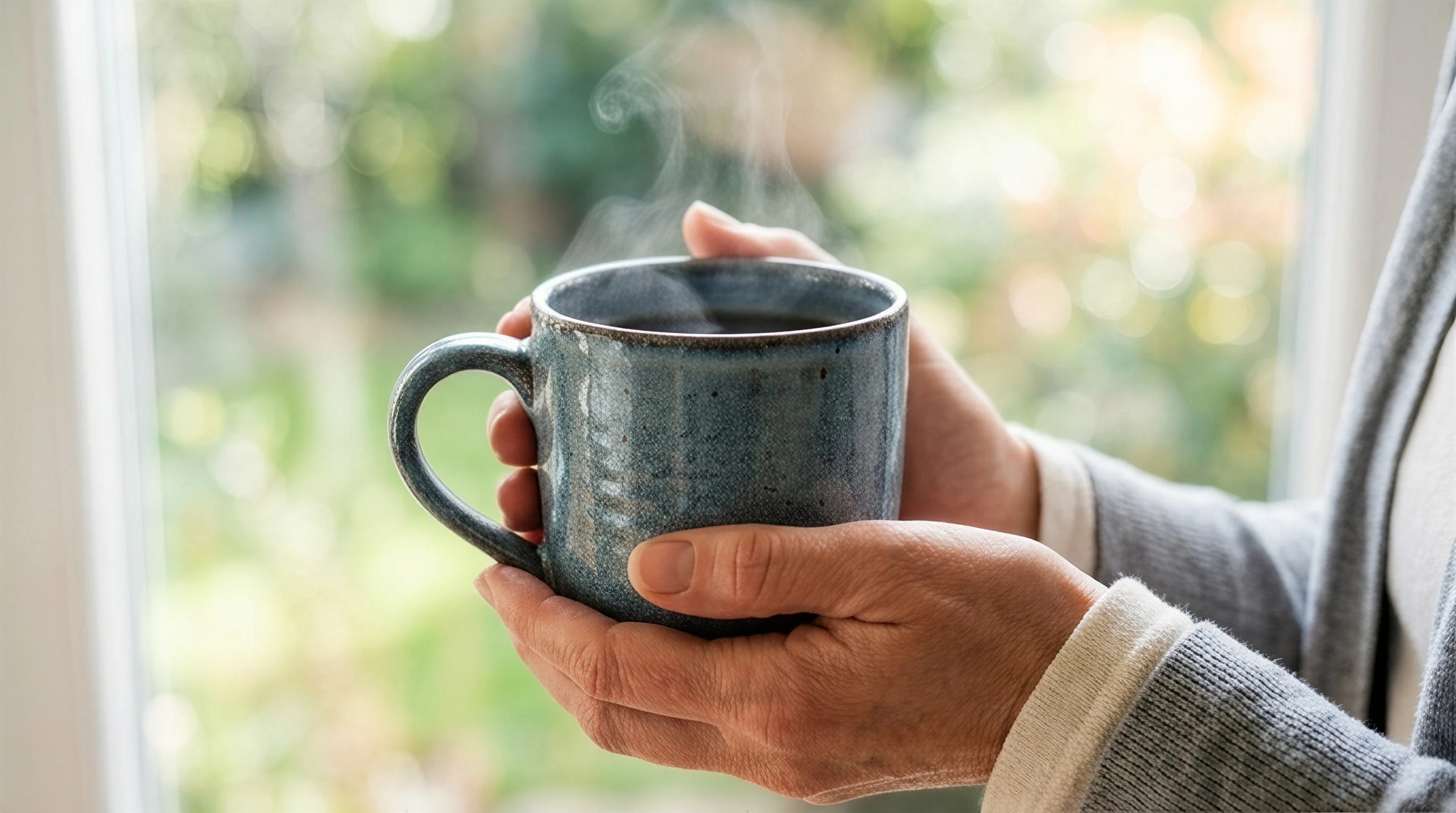 Ceramic mug edit with cool glaze in a full-frame lifestyle close-up