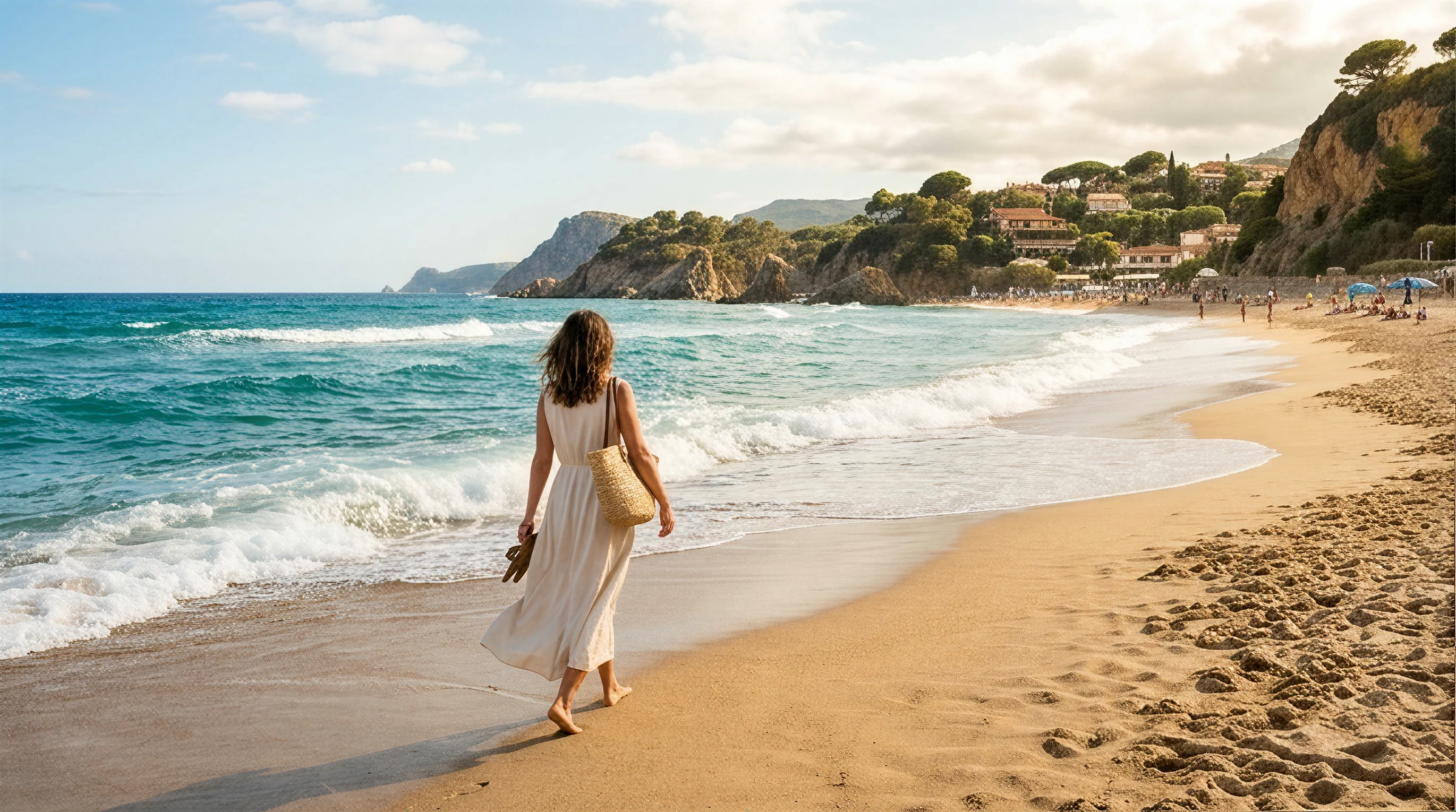 Coastal travel brand scene on a sunlit shoreline