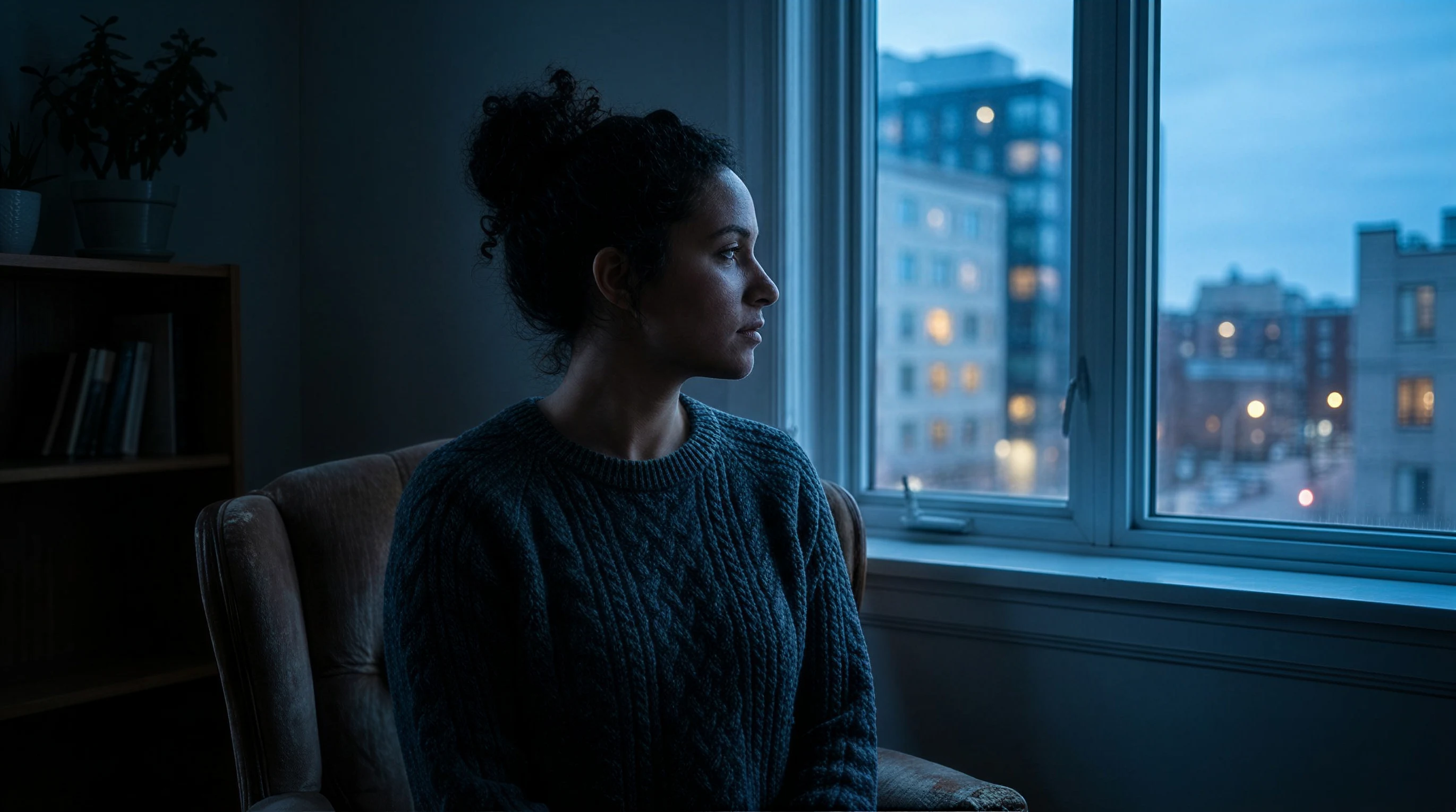 Window portrait relit with moody blue-hour rim light